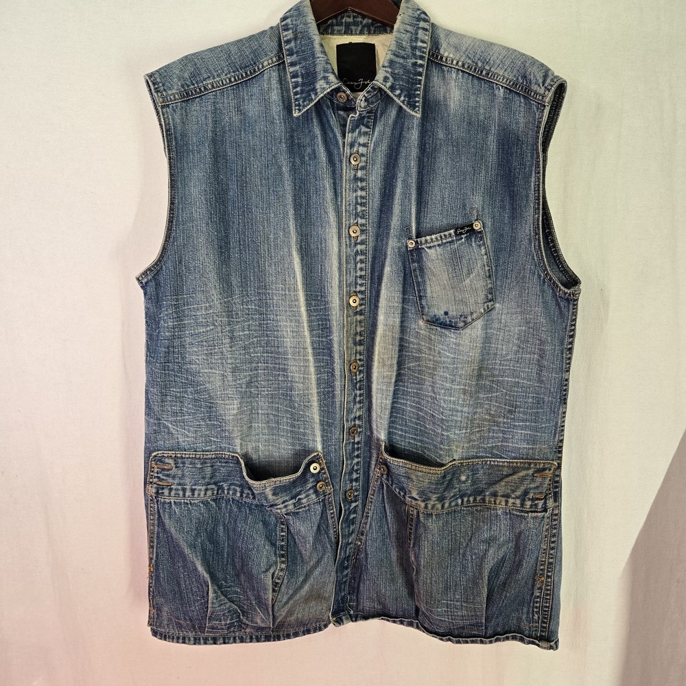 Sean John Y2k Vtg Denim Jean Vest Mens L Button Up 100% Cotton Distressed Read
